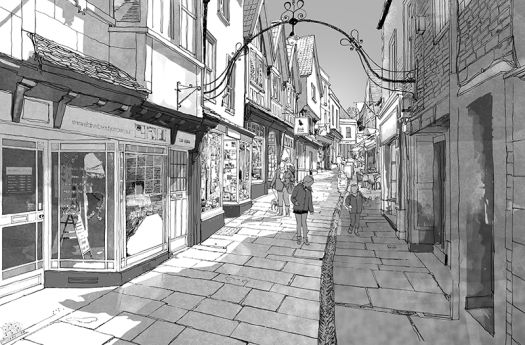 An illustration of Frome, one of the high streets in the book (image: David Rudlin)